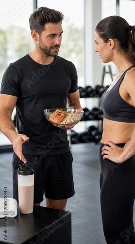 Fitness trainer explaining nutrition to client in gym