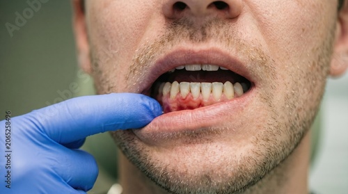 Dental examination of a man showing swollen gums and gingivitis symptoms by a dentist with gingivitis, examination