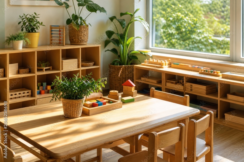 Fototapeta premium Montessori classroom interior featuring wooden furniture, educational toys, and green plants bathed in warm natural sunlight.