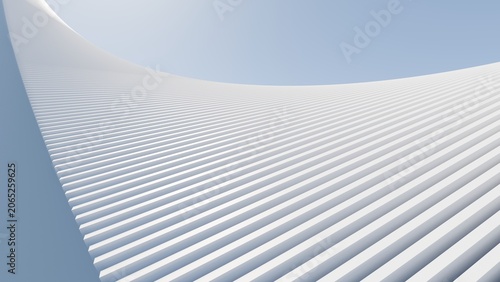 Foto Abstract 3D render of white curved parametric lines forming a wavy architectural structure against a blue sky