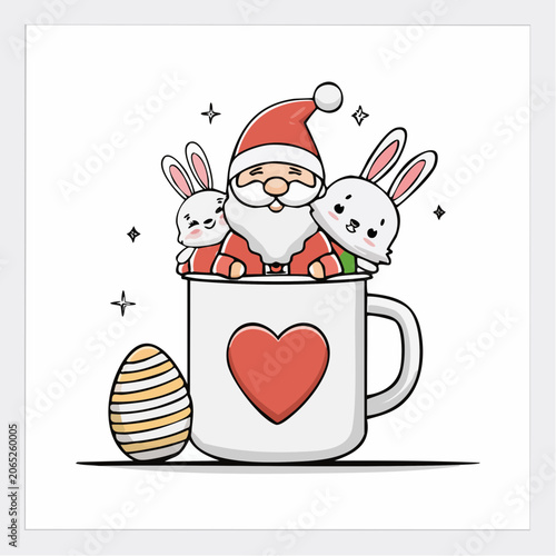 Cute Santa Claus and Bunnies in a Mug with Easter Egg