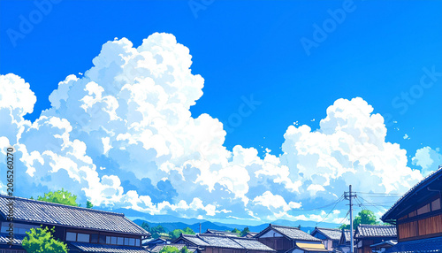 入道雲と青い空が広がる日本の夏の風景　アニメ調の背景イラスト　古民家の屋根が並ぶノスタルジックな町並み　暑い夏の季節感と爽快感を感じさせる空の壁紙素材　チラシやWebバナーの背景に活用できるコピースペースのある青空の画像