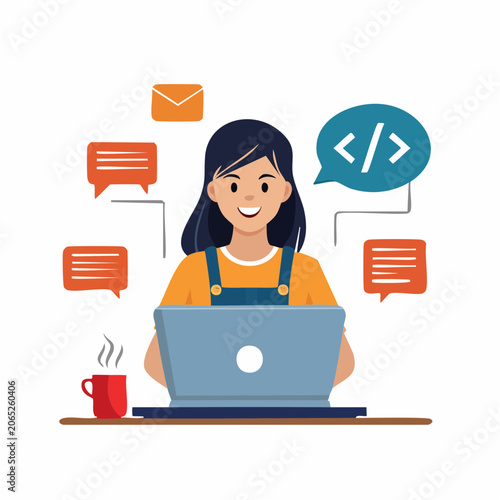 Woman Coding and Communicating Online