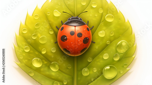 Ladybug on a green leaf on white background illustration