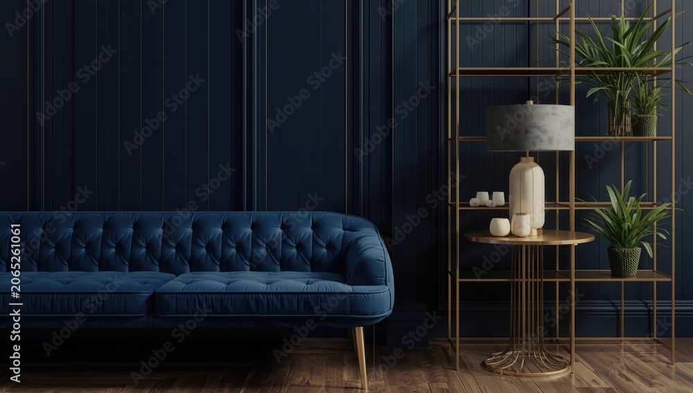 Obraz premium Blue tufted sofa and gold accent table in modern interior
