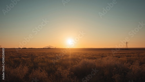 Sunset over a golden field with distant mountains and power lines