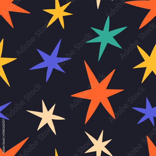 Seamless pattern with colorful stars. Endless starry background with bright s...