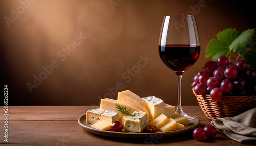 An elegant composition on a wooden table with a glass of red wine, ripe grapes and a plate with various types of cheese