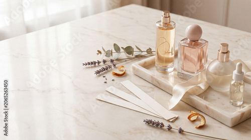 Layered fragrance ritual with blank perfume bottles on marble vanity
