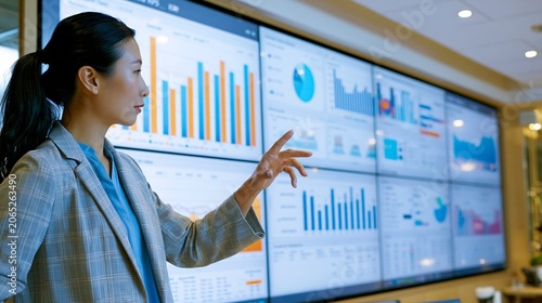 Business professional showcasing data analysis in a contemporary office setting with advanced digital screens