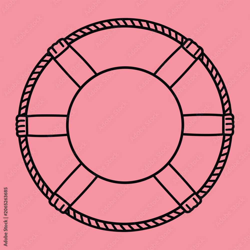 Fototapeta premium Black line lifebuoy on a solid pink background lifesaver