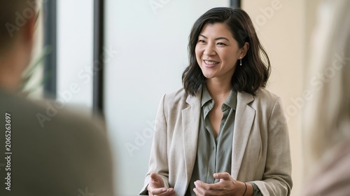 Experienced asian financial consultant interacting with clients in a contemporary office environment