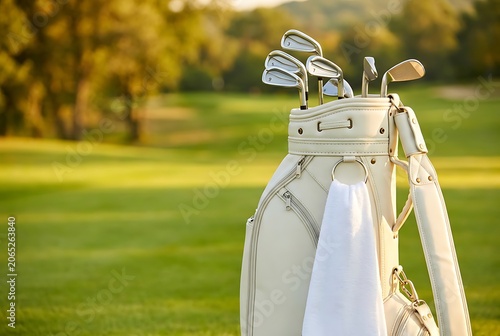 Close up of cream colored golf bag filled with clubs and white towel on green golf course at sunset with soft lighting and blurred background perfect for sports recreation scenes.