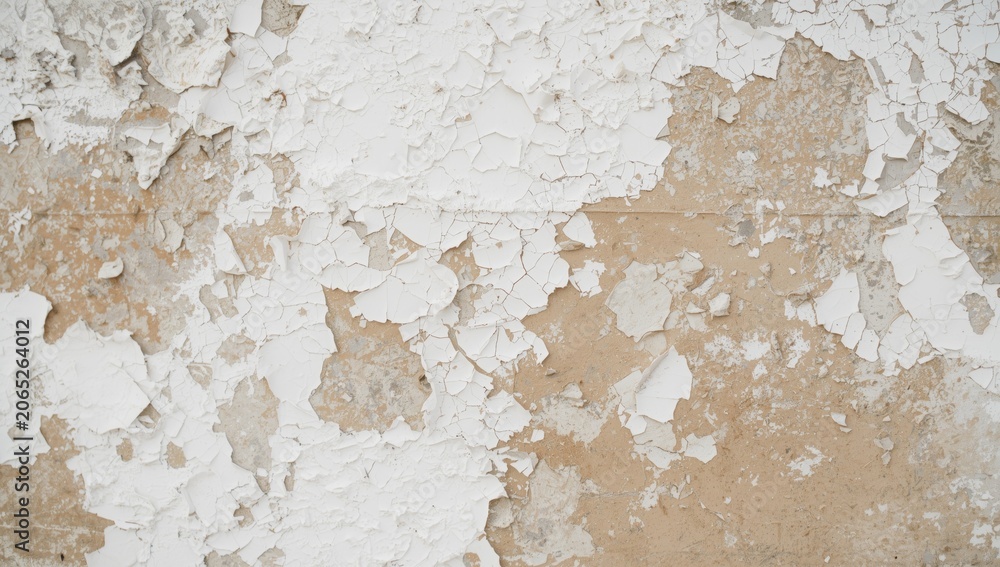 Fototapeta premium Rustic white wall exhibiting extensive paint peeling and underlying surface
