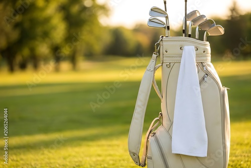 Cream golf bag full of clubs and a white towel, set on vibrant green golf course under warm sunset light, soft focus background with trees, perfect for outdoor sports.