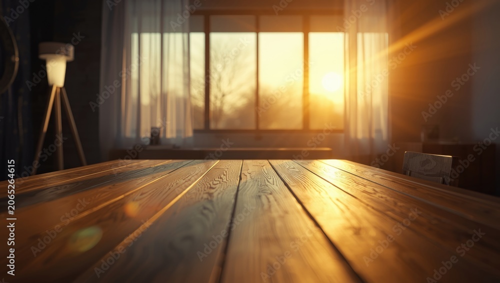 Fototapeta premium Modern indoor renovation with wooden table focus and bright window enhancing warm lighting vibes