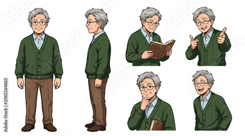 Elderly Man Character Design Sheet with Multiple Poses.