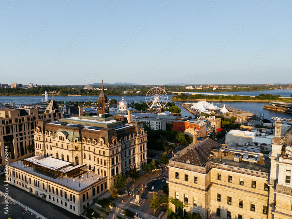 Fototapeta premium Drone view of Old Port City waterfront park with an entertainment venue. Montreal, Canada