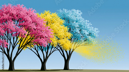 Flowering trees releasing a visible cloud of pollen against a clear blue sky, spring allergy season concept, pollen forecast illustration, seasonal allergen dispersal, with copy