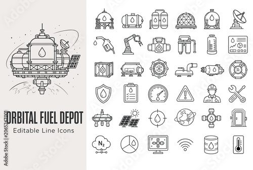 Orbital fuel depot and space refueling technology line icons featuring propellant tanks, valves, solar panels, and industrial telemetry equipment