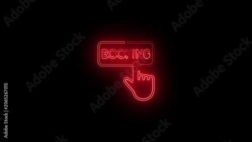 Bright RED neon sign reading Booking on dark background