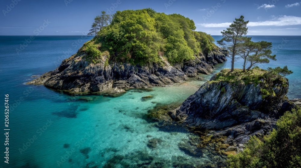 Fototapeta premium A serene island surrounded by clear blue waters. The lush green trees create a peaceful atmosphere. Perfect for nature lovers and vacation planning.