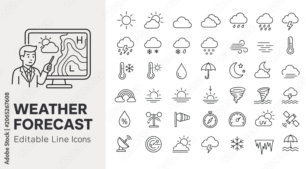 Naklejka premium Weather forecast line icons representing meteorology, temperature, rain, snow, wind, and climate conditions