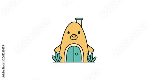 Smiling Cartoon House with Green Door.