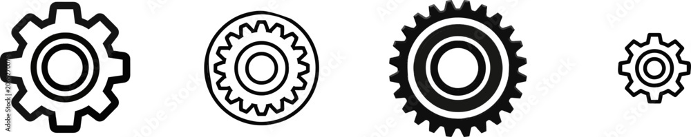 Fototapeta premium A minimalist black and white industrial spur gear wheel icon with clean bold lines and clear contours stands alone against a pure solid white background
