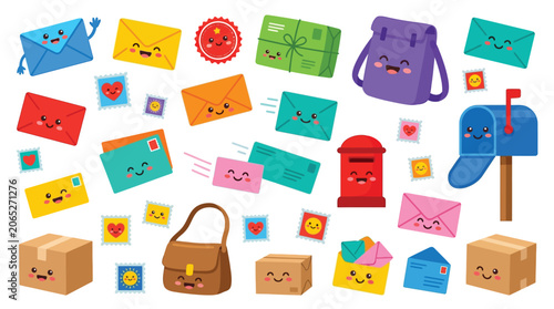 Foto Collection of cute cartoon mail and postal service elements with happy faces