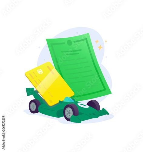 Green racing car with credit card and registration document vector illustration. Auto loan buying car concept.