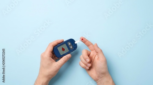 Person using glucose meter to check blood sugar levels, fingertip pricked with lancet, showing drop of blood on blue background.