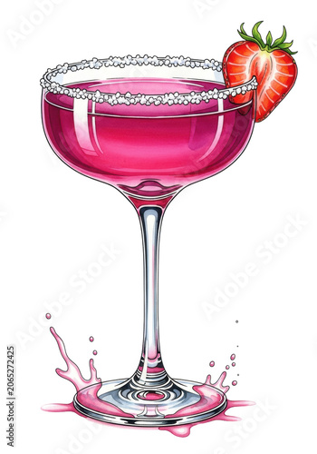 High-quality watercolor illustration of a deep magenta strawberry margarita in a crystal coupe glass with coarse white sea salt rim and strawberry slice garnish. White background. Concept for