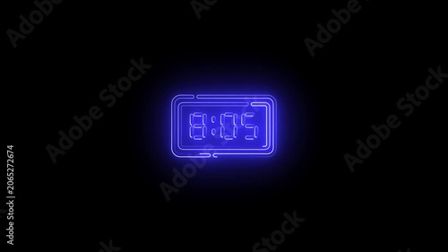Glowing neon line Digital alarm clock icon isolated on black background. Electronic watch alarm clock. Time icon. 4K Video motion graphic animation