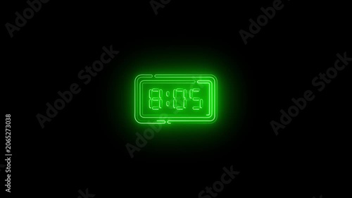 Glowing neon line Digital alarm clock icon isolated on black background. Electronic watch alarm clock. Time icon. 4K Video motion graphic animation