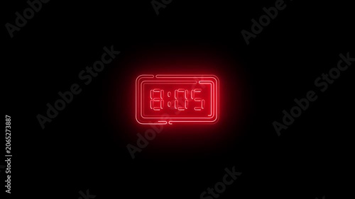 Glowing neon line Digital alarm clock icon isolated on black background. Electronic watch alarm clock. Time icon. 4K Video motion graphic animation