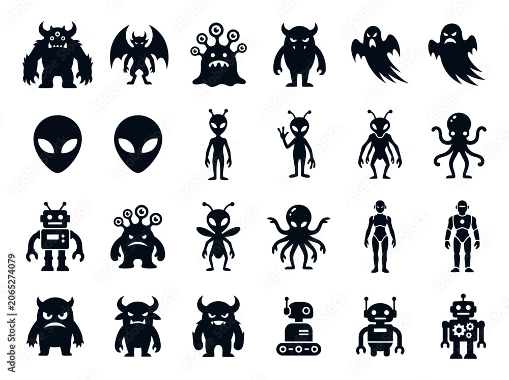 Fototapeta premium Monster Alien Robot and Ghost Silhouette Icon Set for Game Design and UI
