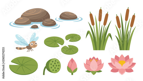 Foto Pond nature elements vector set