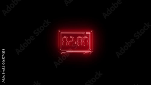 Glowing neon line Digital alarm clock icon isolated on black background. Electronic watch alarm clock. Time icon. 4K Video motion graphic animation