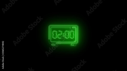 Glowing neon line Digital alarm clock icon isolated on black background. Electronic watch alarm clock. Time icon. 4K Video motion graphic animation
