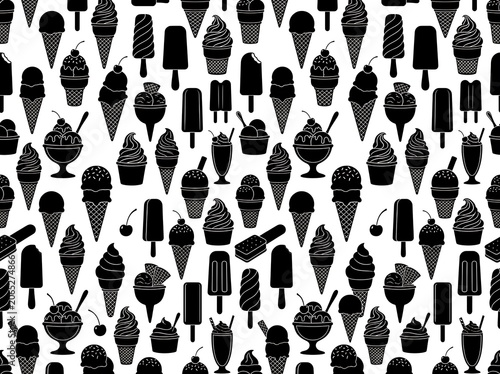 Black and white seamless pattern of various ice cream treats and desserts on a plain white surface d