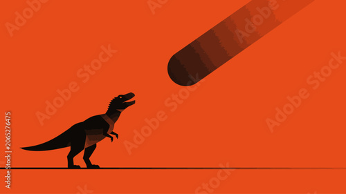 Принти на полотні A T-Rex dinosaur looks up at a massive asteroid hurtling towards it, illustratin