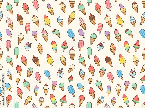 Seamless background, pattern with various, types of ice, cream cones, popsicles, and bowls of, dessert d
