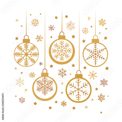 Golden Christmas ornaments with snowflakes and stars