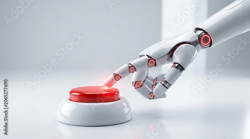Robotic hand's finger pressing glowing red button on a white surface, concept for automation artificial intelligence and technology activation future innovation.