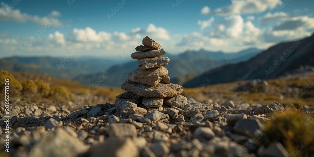 Naklejka premium Pile of rocks arranged as a cairn to signal a hiking path outdoors