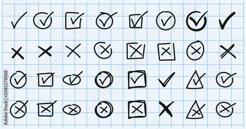 Hand drawn doodle check mark icon, check box icon with right and wrong buttons