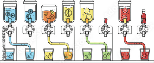 Beverage Dispenser Station Illustration Featuring Multiple Flavored Drinks and Glasses in a Modern Line Art Style