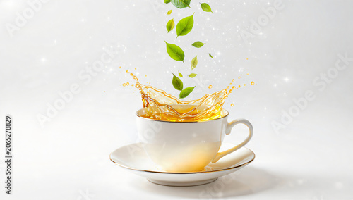 Fresh green tea leaves falling into a white ceramic cup with a liquid splash on a bright background