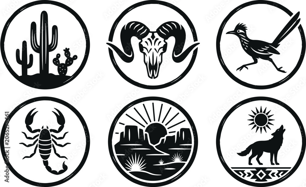 Fototapeta premium Desert and Southwestern Icon Set Featuring Cactus, Ram Skull, Roadrunner, Scorpion, Landscape, and Howling Wolf in Circular Style